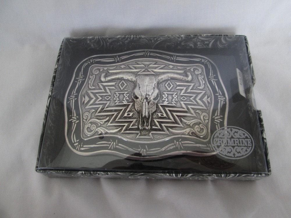 NEW Crumrine Western LONGHORN Steer Skull Belt Buckle In Box Silver Tone