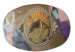 Vintage Nickel Belt Buckle Dolphin Shamu Orca Jumping Through Hoop Hawaii