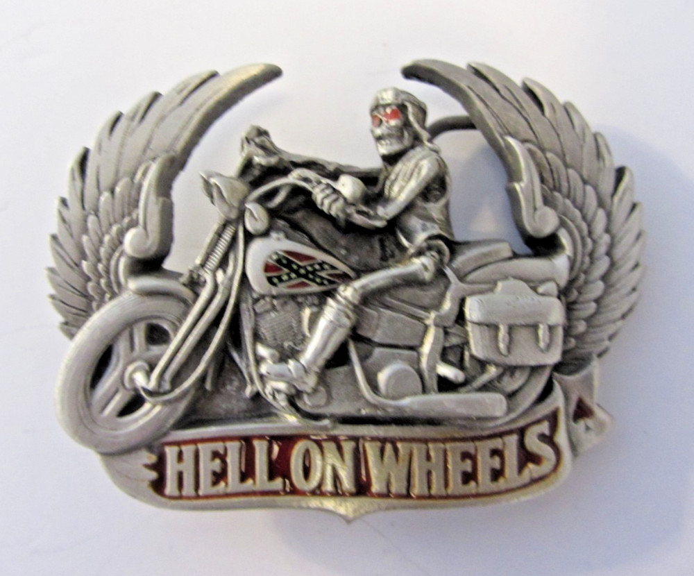 Hell on Wheels Motorcycle Belt Buckle Skull Skeleton Rebel Southern Wings 128