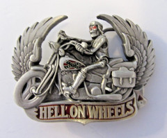 Hell on Wheels Motorcycle Belt Buckle Skull Skeleton Rebel Southern Wings 128