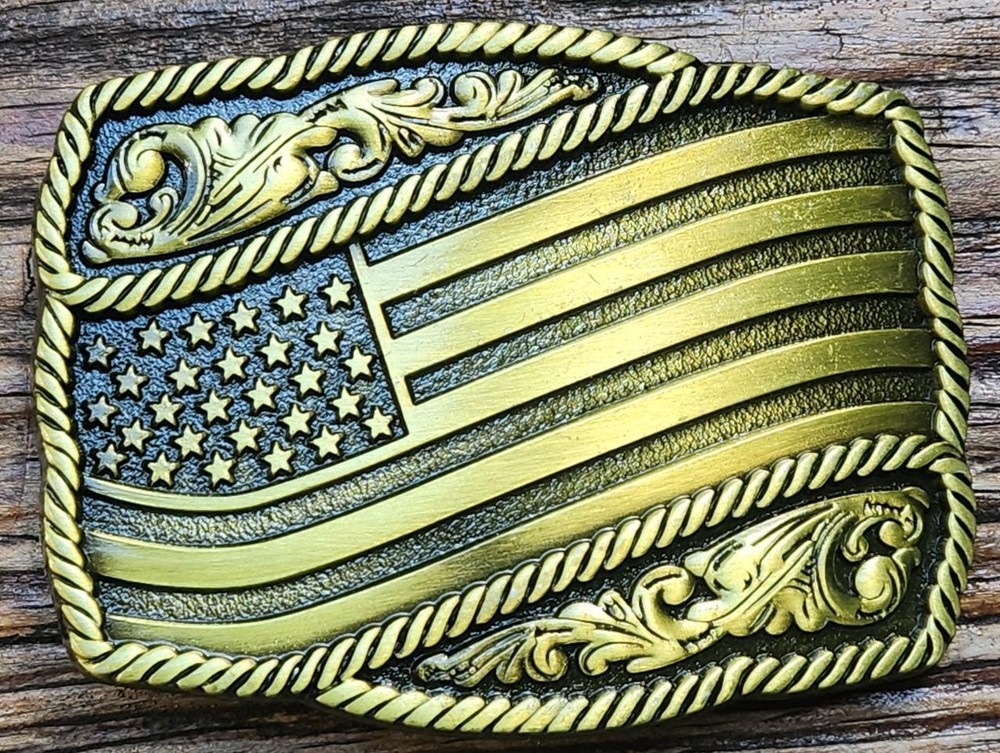 NEW AMERICAN FLAG BRONZE COWBOY RODEO WESTERN USA 3-D BELT BUCKLE