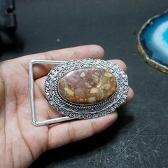 Handcrafted 925 Sterling Silver Natural Coffee Jasper Oval Cabochon Belt Buckle