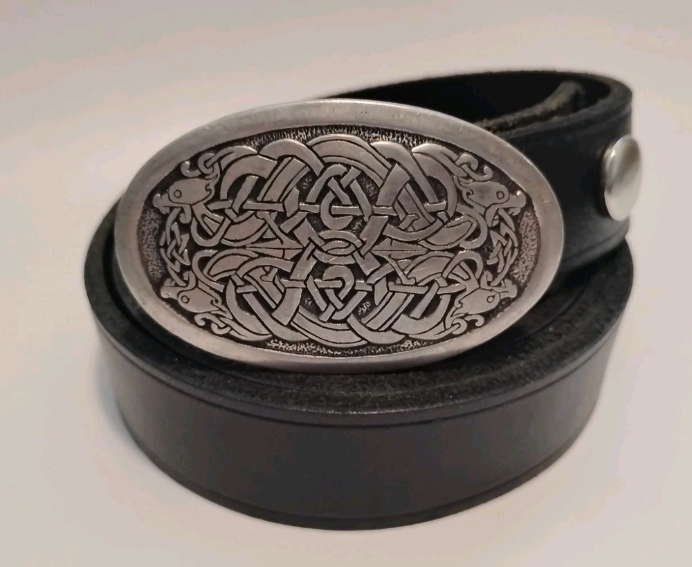 Oval Celtic St.JUSTIN IRISH CELTIC BELT Buckle & Black Leather Belt Combo 45&Prime;