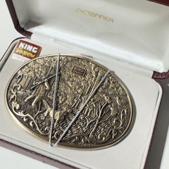 O.C. Tanner Solid Brass Western Belt Buckle 1981 KING SOOPERS + 5 YEAR PIN