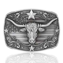 American Flag Bull Western Cowboy, Cowgirl Belt Buckle Antique Silver Tone
