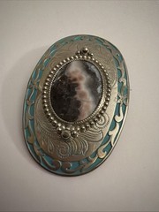 Southwestern Stone Belt Buckle Oval Floral Agate Western Silvertone