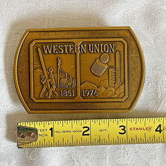 Vintage Western Union Belt Buckle 1851-1976 Brass Tone Telecom Anniversary