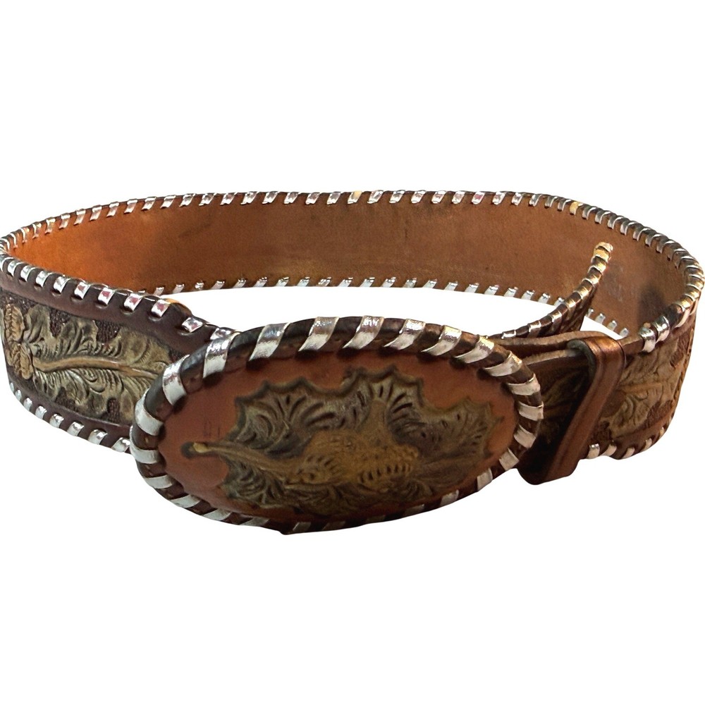 Vintage Tony Lama Western Belt & Buckle Men 34 Acorn Oak Silver Whipstitch USA