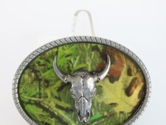 New Skull Bull Steer Cow Belt Buckle Green Camo Background in Package