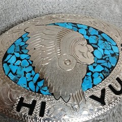 Vintage 1986 HI YU Native American Chief Turquoise Chip Inlay Belt Buckle