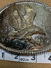 Men&rsquo;s Silver Belt Buckle Vintage USA Made Patriotic Eagle Oval Shaped Large