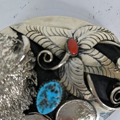 Keams Chee Navajo Belt Buckle Buffalo Head 1937 Indian Coin Turquoise Coral Vtg