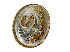 Western Initial Belt Buckle 3.5 x 2 5/8 in Oval S Silver Engraved Gold 1.75