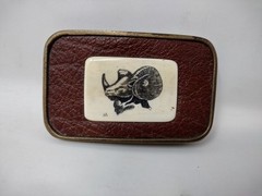 VTG Brass Ivory Engraved RAM Leather Belt Buckle Western American Farm Cowboy