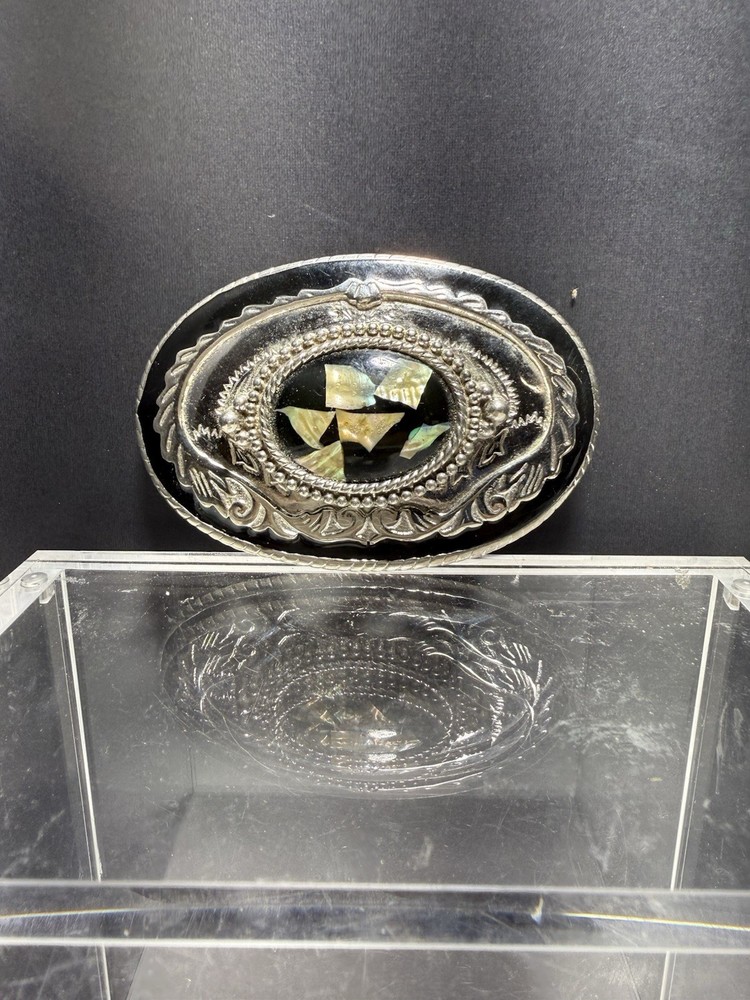 Ladies Western Oval Silver Tone Belt Buckle Black Inlay With Abalone