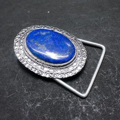 Handcrafted 925 Sterling Silver Natural Lapis Lazuli Oval Cabochon Belt Buckle