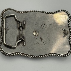Western Horse Belt Buckle Silver Tone Floral Engraved Rhinestone Border Rodeo