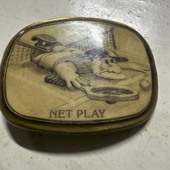 VINTAGE ANTIQUE METAL BELT BUCKLE- Playing Tennis Sport Net Play Cartoon Man Dad