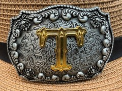 Antiqued Silver Gold Initial T Rectangle Western Cowboy Floral Vine Belt Buckle