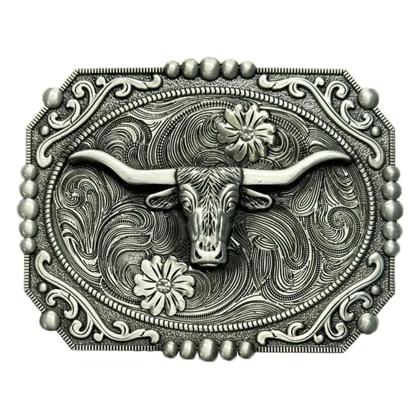 Longhorn Bull Skull Western Belt Buckle Antique Silver Finish Metal