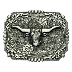 Longhorn Bull Skull Western Belt Buckle Antique Silver Finish Metal