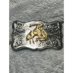 Western Rodeo Belt Buckle Bucking Bronco Rider Silver Gold Tone Cowboy 3in