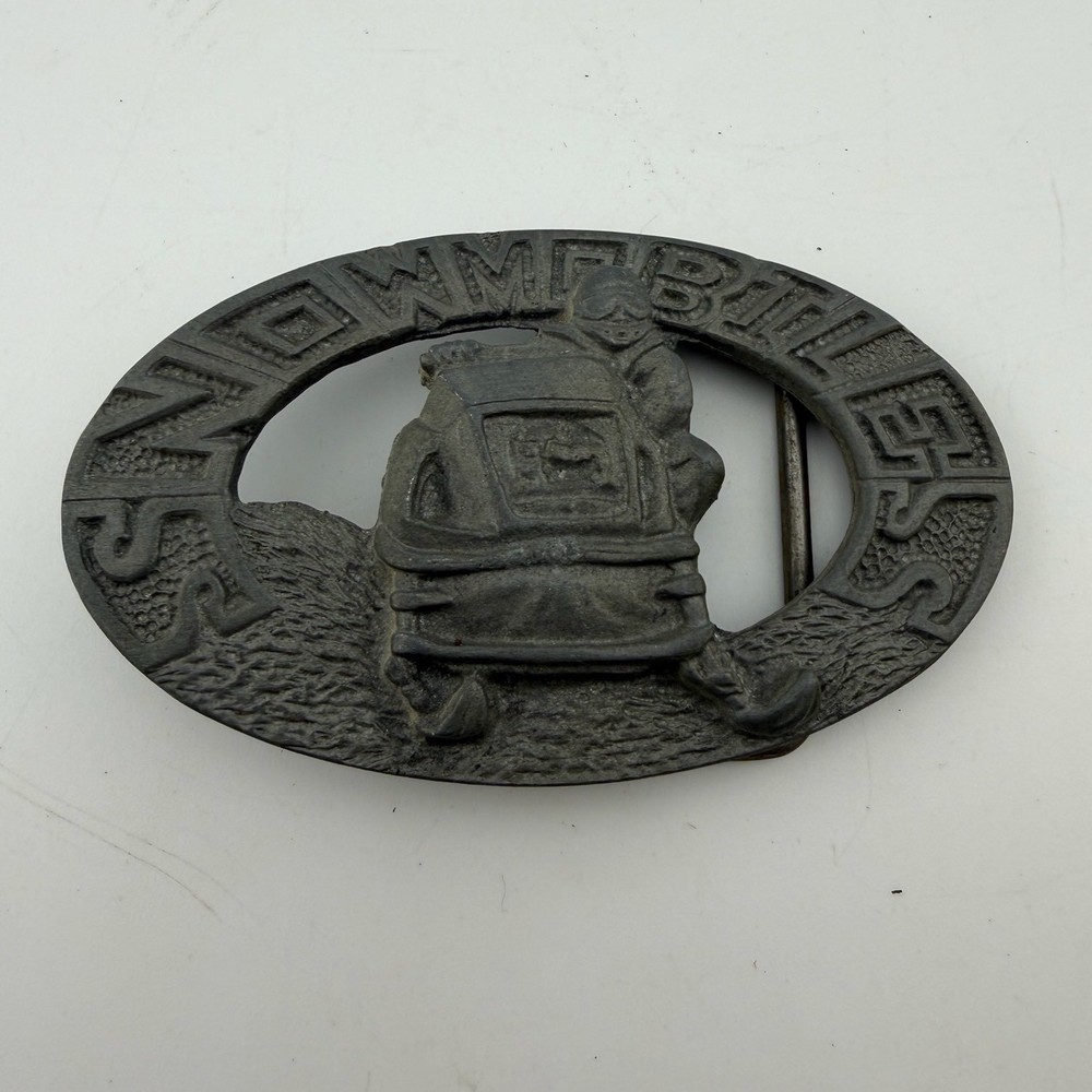 Vintage DIX Leather Co Snowmobile Belt Buckle Gray Excellent Vintage Pewter Tone