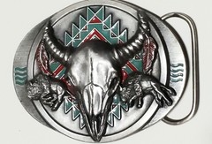 VTG Siskiyou 1992 Enamel Buffalo Skull Belt Buckle Pewter Color USA Made