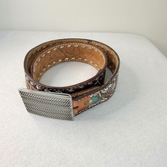 VTG Western Tooled Leather Belt Eagle Floral Inlay Personalized Jerry Size 36
