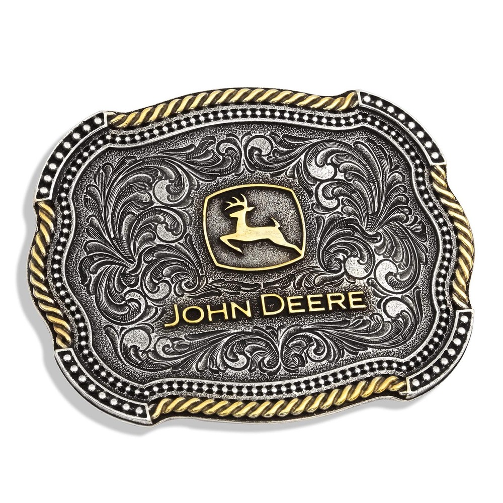 Officially Licensed John Deere Attitude Western Belt Buckle Scalloped Duo Silver