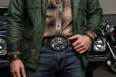 Men Western Belt Buckle Silver Metal Revolver Pistol Gun Feather Bull Turquoise