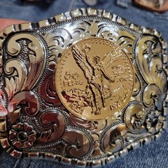 Centenario Cowboy Belt Buckle Western Silver With RoseTone Faux 50 Peso Concho