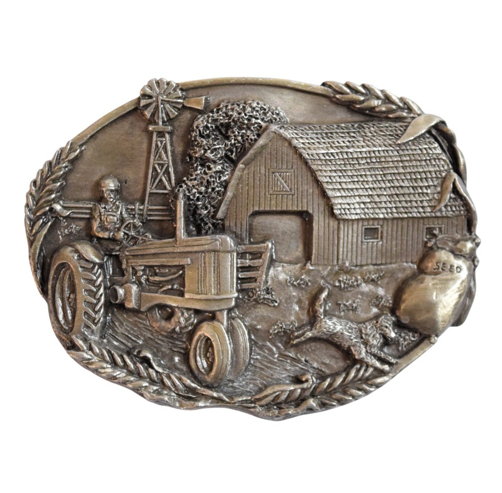 Vtg 1981 Bergamot Brass Works Farm Scene Belt Buckle Tractor Barn Dog USA D-49