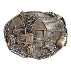 Vtg 1981 Bergamot Brass Works Farm Scene Belt Buckle Tractor Barn Dog USA D-49