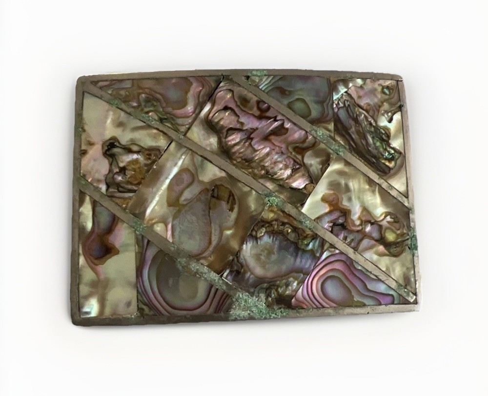 Vintage Abalone Shell Mother of Pearl Silver Tone Rectangular Belt Buckle