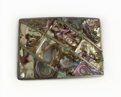 Vintage Abalone Shell Mother of Pearl Silver Tone Rectangular Belt Buckle