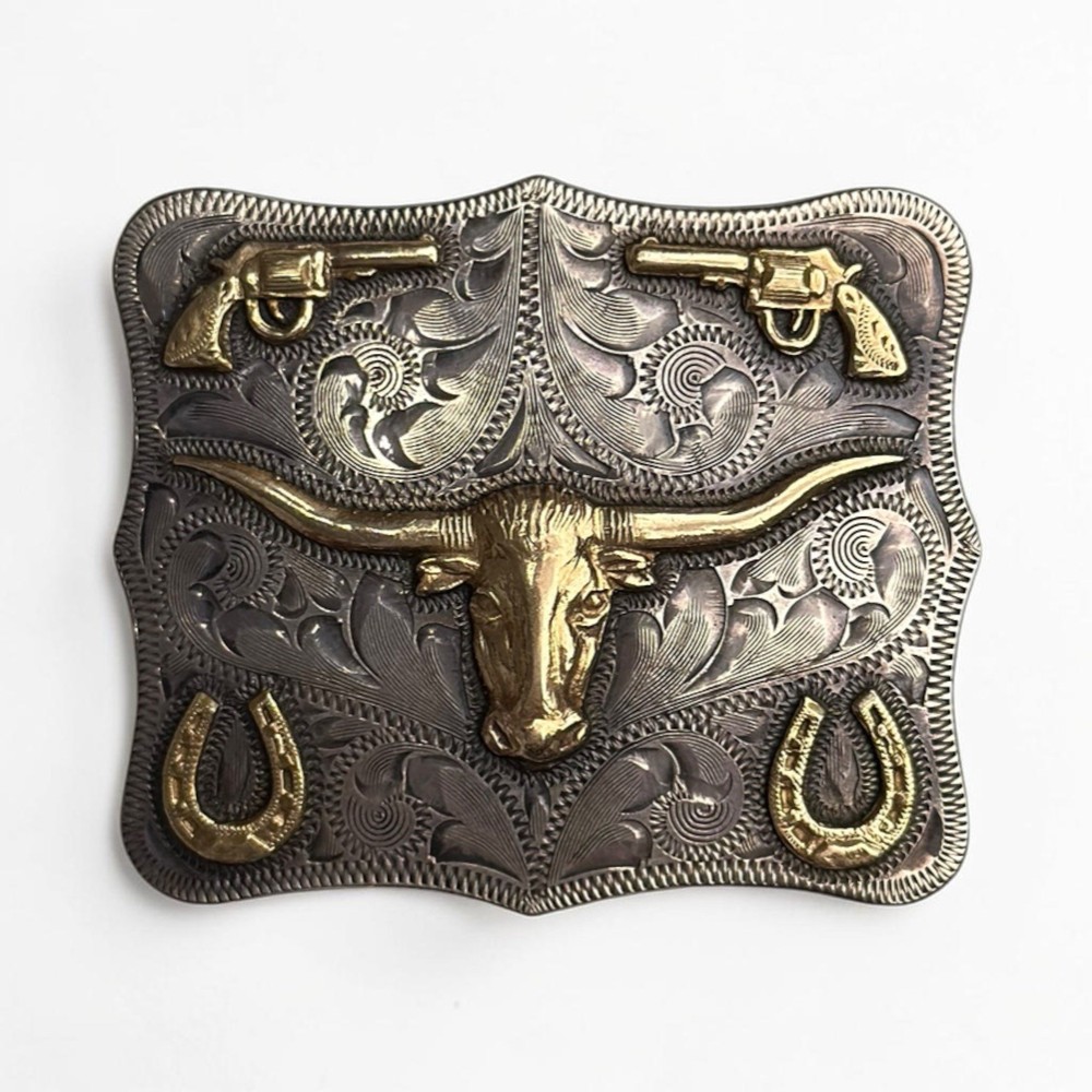 14K Gold Chet Vogt Maker Mexico Sterling Silver Longhorn Steer Belt Buckle