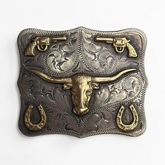 14K Gold Chet Vogt Maker Mexico Sterling Silver Longhorn Steer Belt Buckle