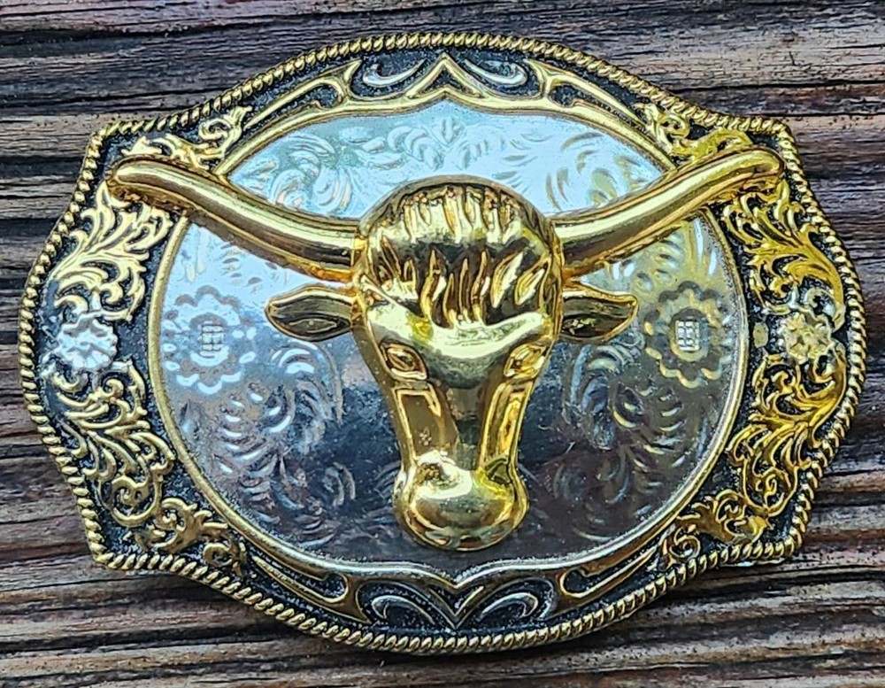 BULL HEAD LONG HORN GOLD SILVER STARS WESTERN COWBOY RODEO BELT BUCKLE