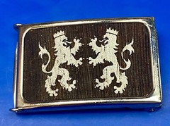Crowned Griffon Lion&rsquo;s Family Crest Graphic Faux Wood Grain Belt Buckle