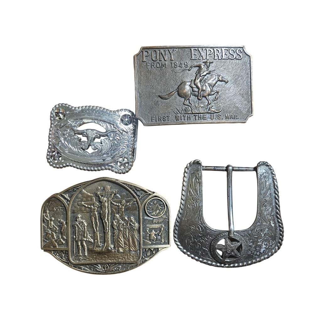 Lot of 4 Vintage Western Belt Buckles Pony Express Crucifixion Longhorn Brass
