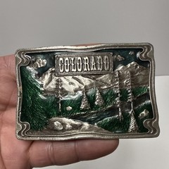VTG 1976  » COLORADO  » BERGAMOT Brass Works Enamel DIX Leather BELT BUCKLE – NICE