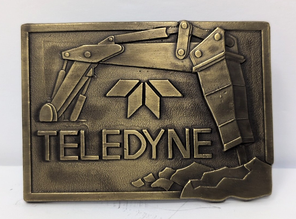 Vintage Teledyne Belt Buckle Brass Excavator Jackhammer Logo Construction
