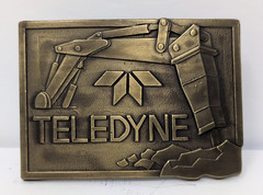 Vintage Teledyne Belt Buckle Brass Excavator Jackhammer Logo Construction