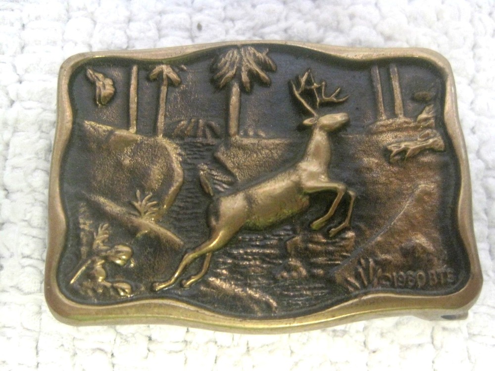 1980 BTS Whitetail Buck Deer Solid Brass Belt Buckle 2&Prime; x 1 3/8&Prime;