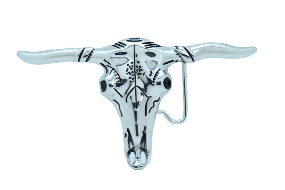 Men Women Casual Western Silver Color Metal Belt Buckle Long Horn Texas Cow Bull