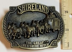 SHIRELAND Vintage Belt Buckle Pewter THE GREAT GREY SHIRE HITCH Horses 1987