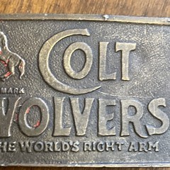 VINTAGE COLT REVOLVERS BRASS BELT BUCKLE ~ ANTIQUE FINISH