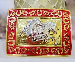 Running Horses Western Buckle Sturdy Thick Square Gold and Red Zinc Alloy