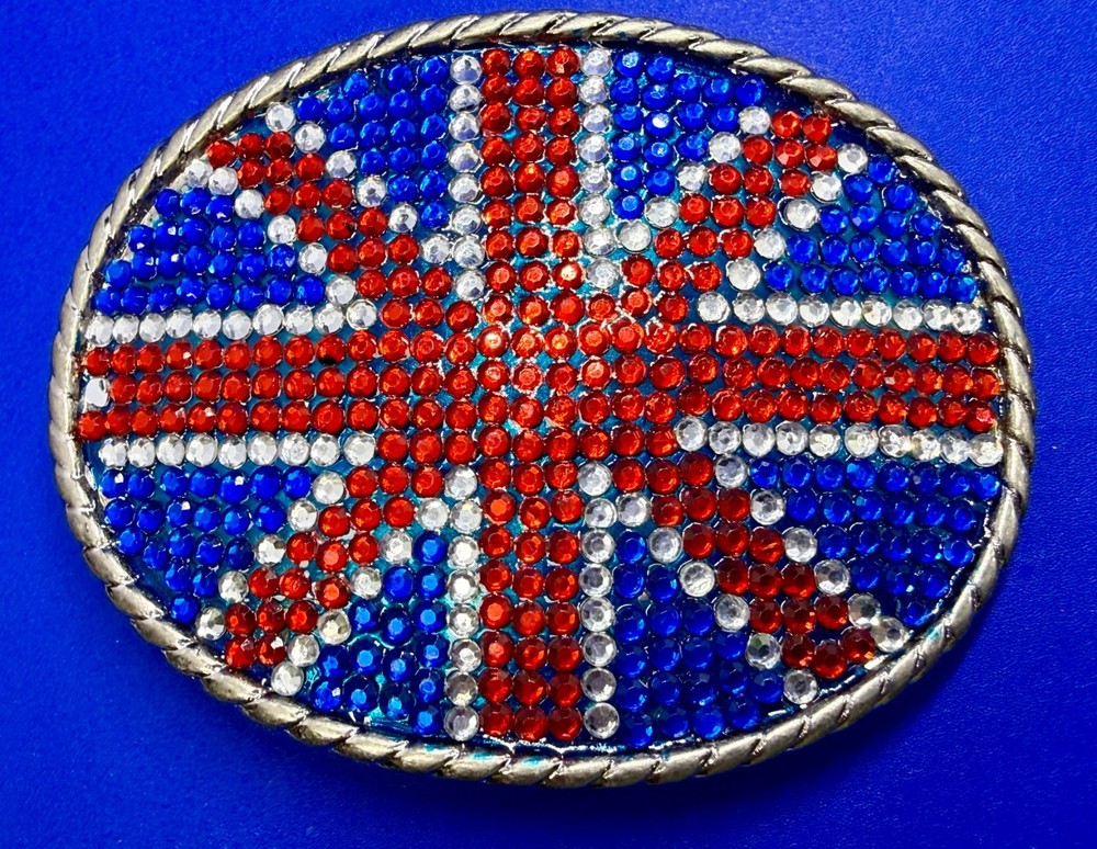 Union Jack UK British Flag Bling 80&rsquo;s Belt Buckle – Missing Rhinestone